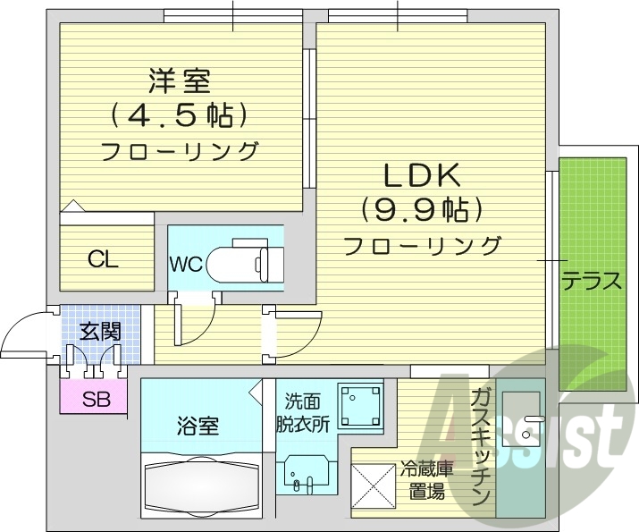 1LDK、エアコン、独立洗面台、ネット使用料不要