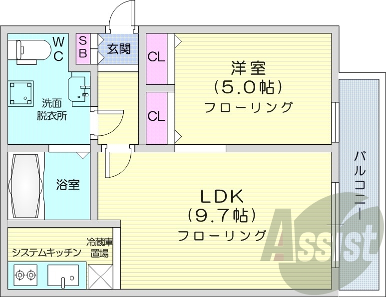 1LDK、都市ガス、ネット無料、バストイレ別、灯油暖房