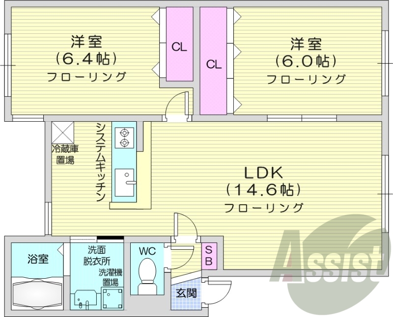 2LDK、ペット可、システムキッチン、独立洗面台