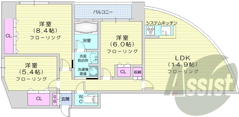 3LDK、都市ガス、ペット可、システムキッチン、宅配ボックス