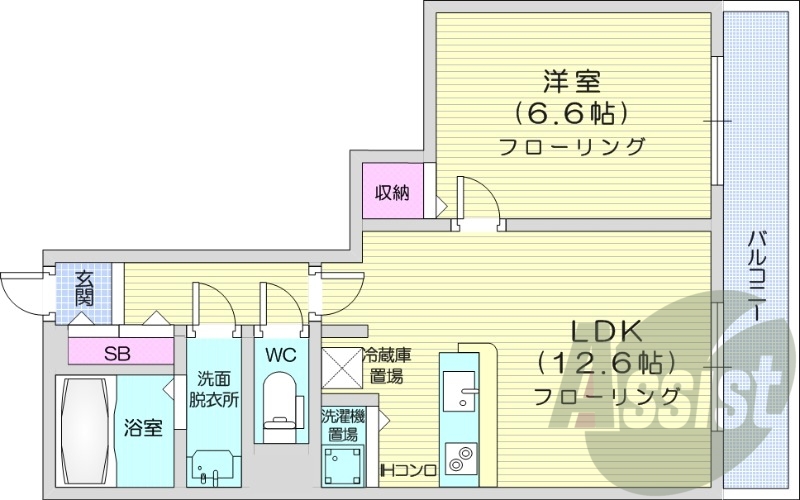 1LDK、オートロック、オール電化、バストイレ別