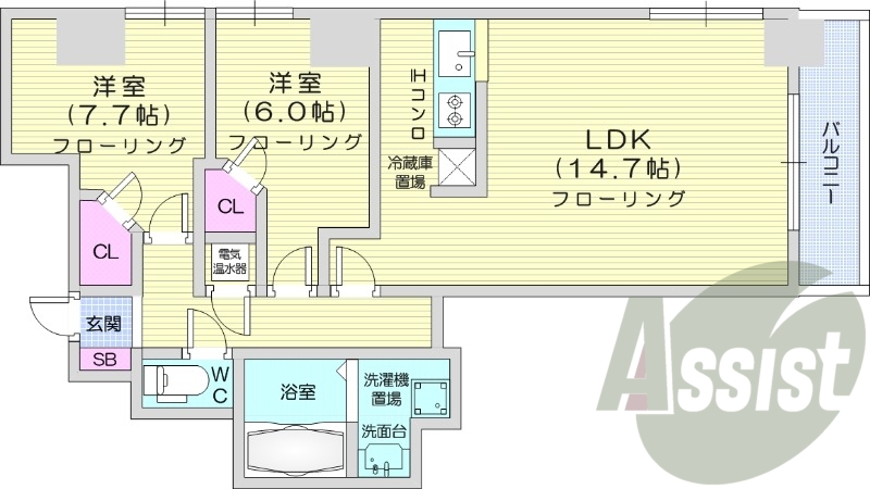 2LDK、IHクッキングヒーター、独立洗面台