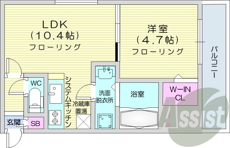 1LDK、都市ガス、エアコン、システムキッチン