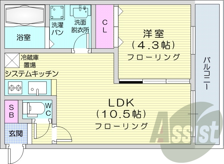1LDK、都市ガス、エアコン、システムキッチン
