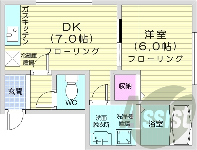 1DK、洗面脱衣所、ガスFF暖房、室内洗濯機置場