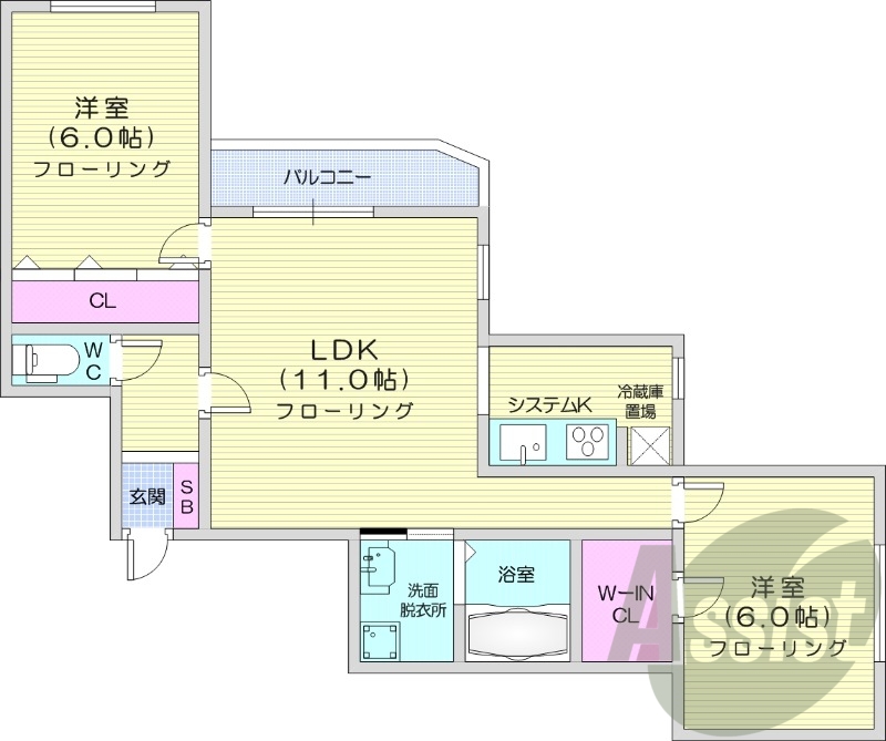 2LDK、エアコン、オートロック、宅配ボックス