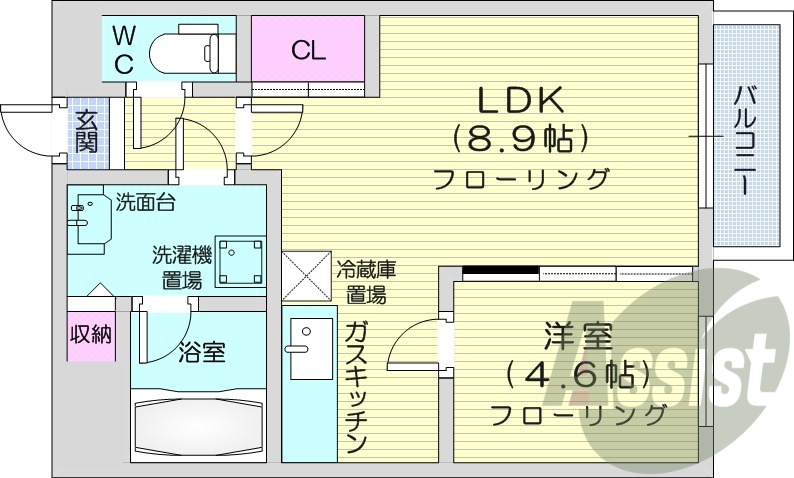1LDK、インターネット使用料無料、バルコニー