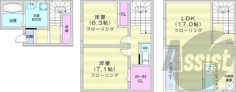 2LDK、都市ガス、エアコン、追い焚き、独立洗面台