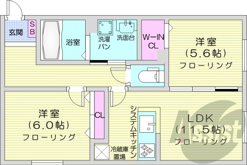 ２LDK、角部屋、システムキッチン、浴室乾燥機
