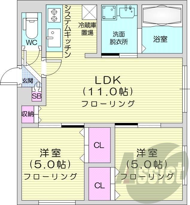 2LDK、エアコン、システムキッチン、浴室乾燥機