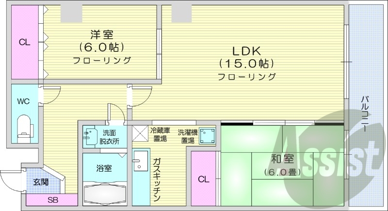2LDK、オートロック、バルコニー、シャワートイレ