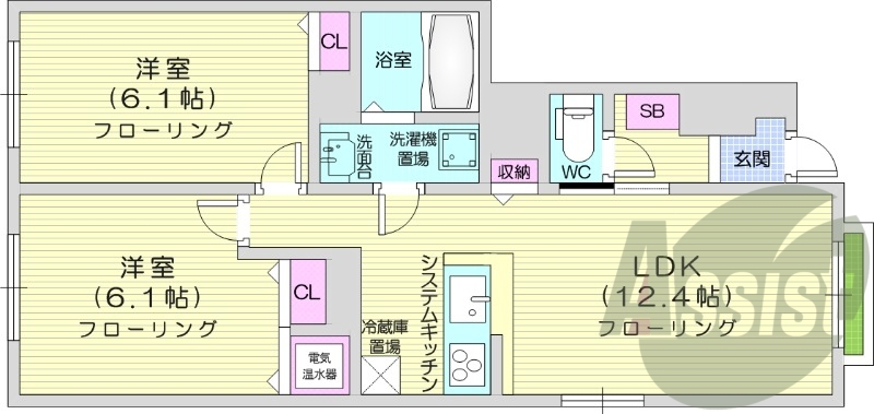 2LDK、エアコン、独立洗面台、浴室乾燥機、トランクルーム