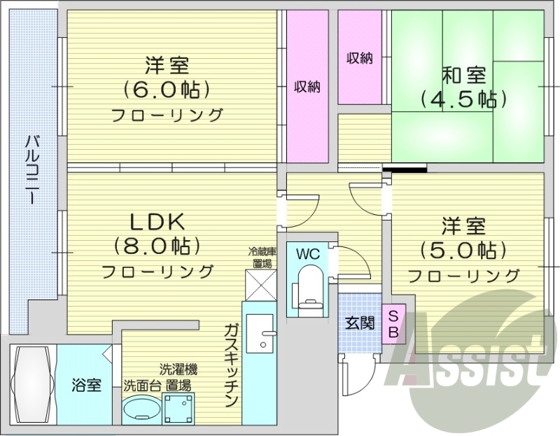 3DK、灯油暖房、エアコン、バルコニー、トランクルーム