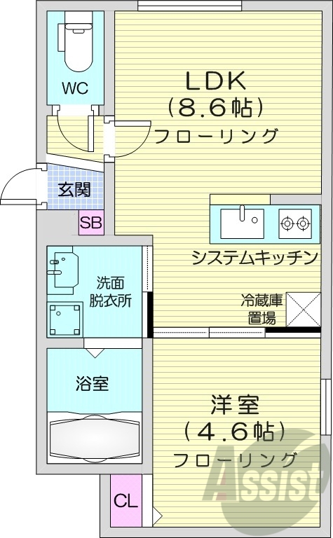 1LDK、エアコン、都市ガス、システムキッチン