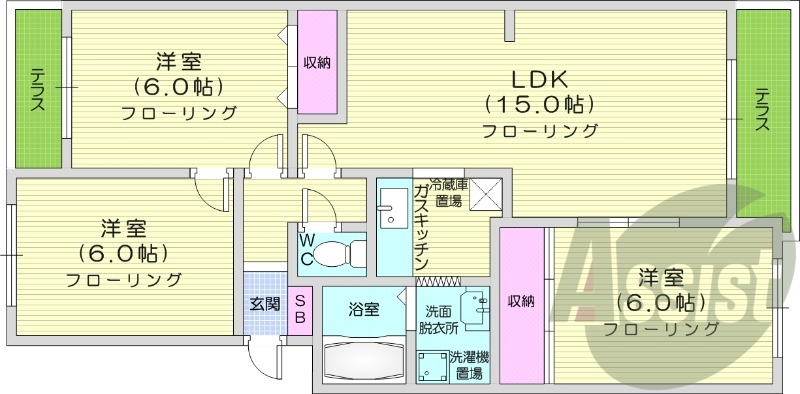 3LDK、トランクルーム、独立洗面台、バストイレ別