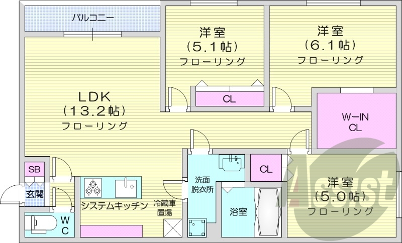 3LDK、都市ガス、システムキッチン、追い焚き