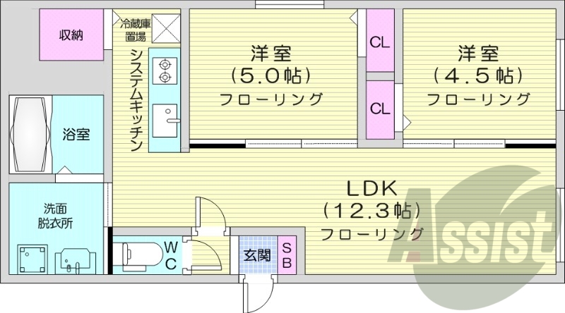 2LDK、エアコン、都市ガス、システムキッチン