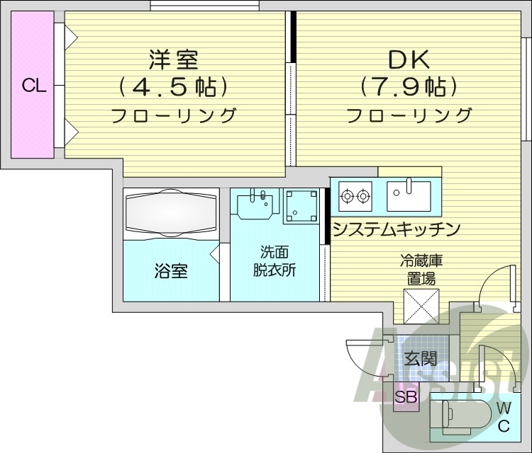 1LDK、エアコン、都市ガス、システムキッチン