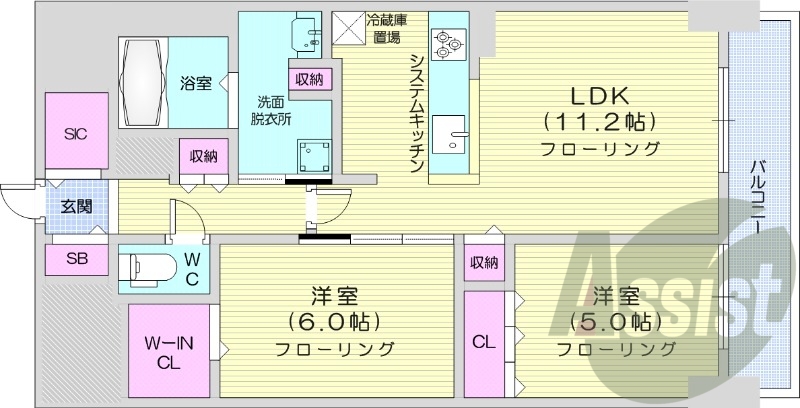 2LDK、エアコン、都市ガス、システムキッチン