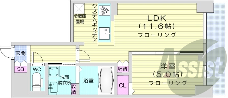 1LDK、エアコン、都市ガス、システムキッチン