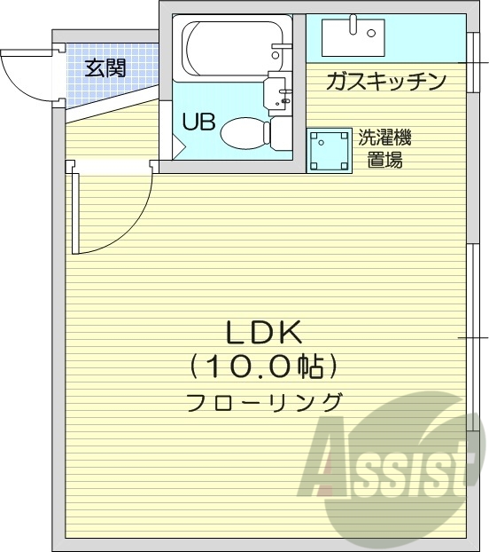 1K、エアコン、都市ガス、ガスFF暖房、水道代定額
