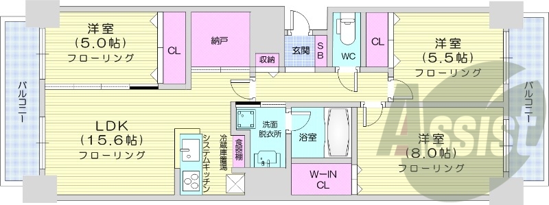 3LDK、システムキッチン、追い焚き、エアコン