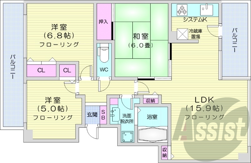 3LDK、都市ガス、バルコニー、浴室乾燥機