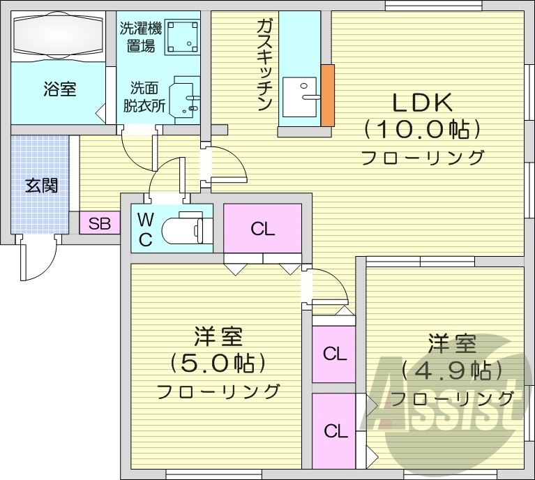 2LDK、角部屋、最上階、バストイレ別、独立洗面台