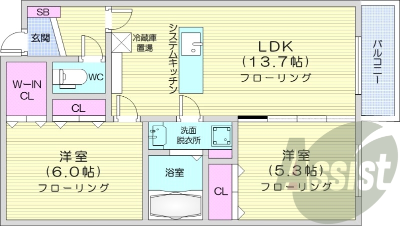 2LDK、都市ガス、システムキッチン、オートロック