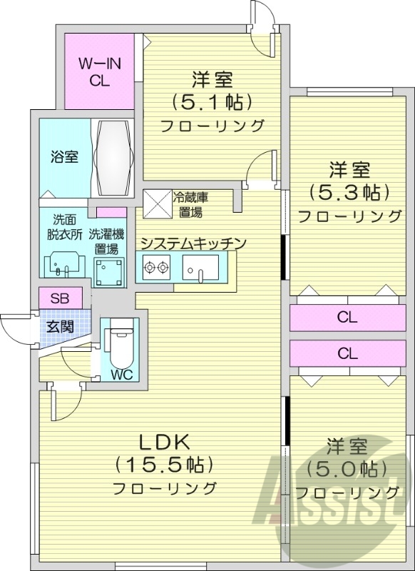 3LDK、都市ガス、エアコン、ネット無料