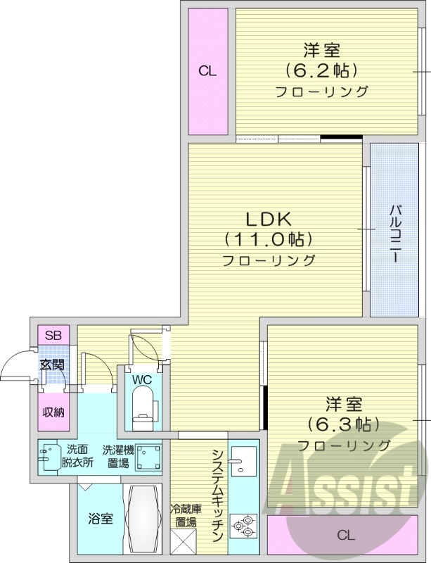 2LDK、独立洗面台、システムキッチン、灯油暖房