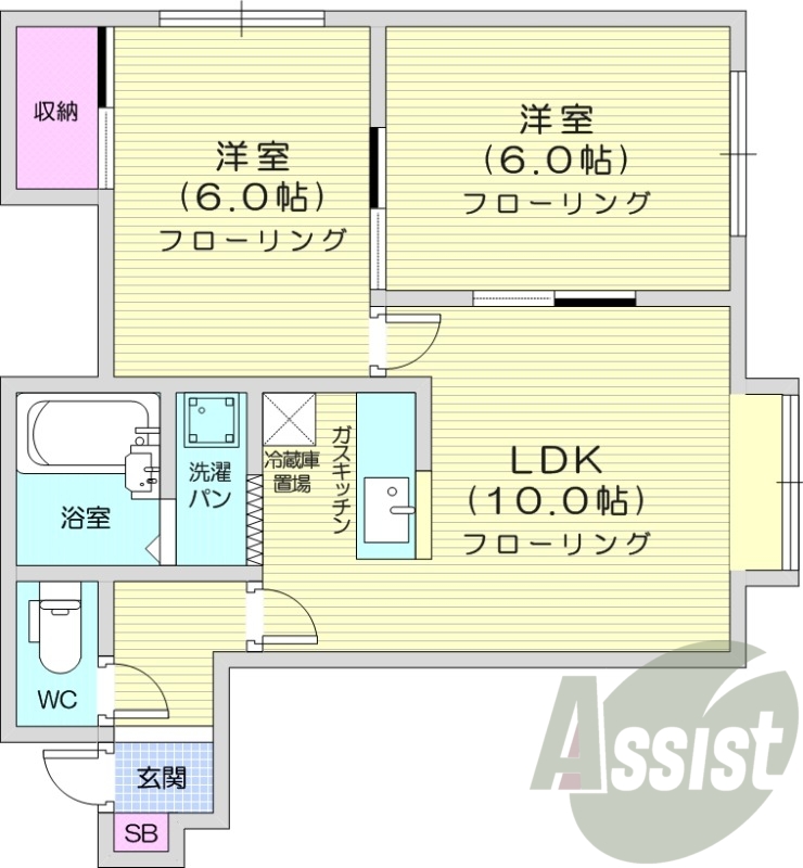2LDK、バストイレ別、室内洗濯機置場、灯油暖房