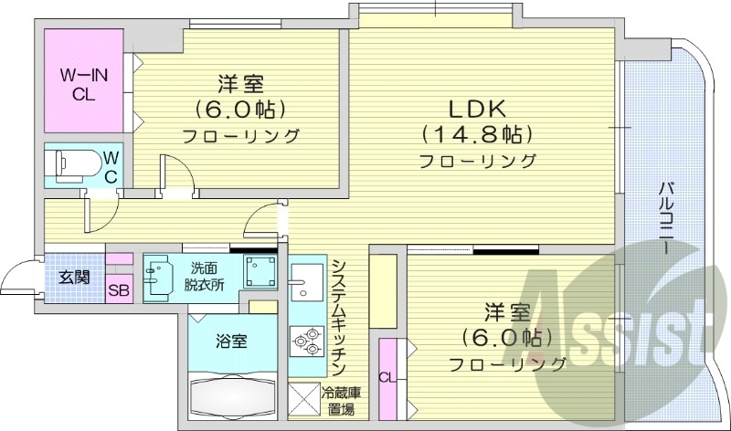 2LDK、エアコン、システムキッチン、独立洗面台、独立洗面台