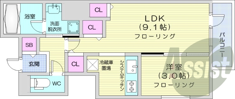 1LDK、都市ガス、追い焚き、独立洗面台、システムキッチン