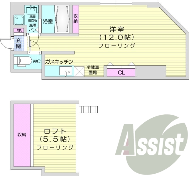 1R、シャワートイレ、ロフト付き、シューズボックス
