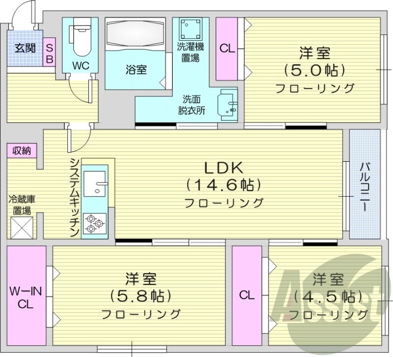 3LDK、エアコン、都市ガス、宅配ボックス、ネット無料