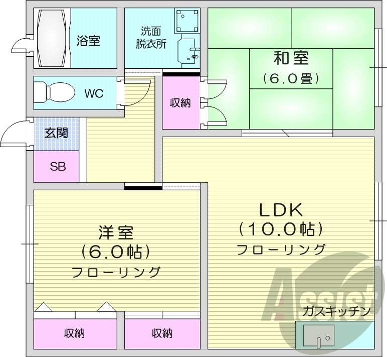 2LDK、無料駐車場、独立洗面台、室内洗濯機置場
