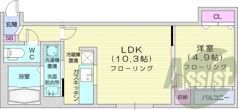 1LDK、バストイレ別、独立洗面台、テレビモニターホン