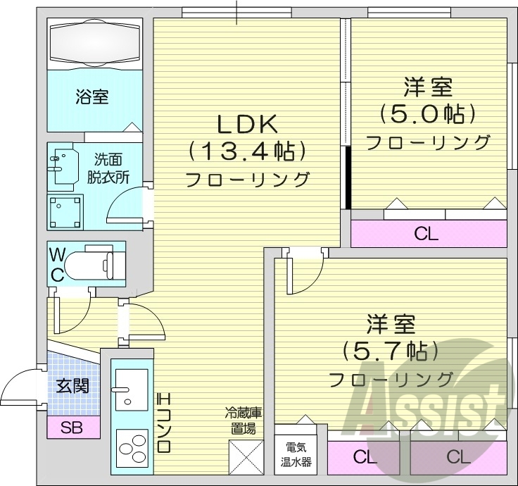 2LDK、オール電化、角部屋、ネット無料、トランクルーム