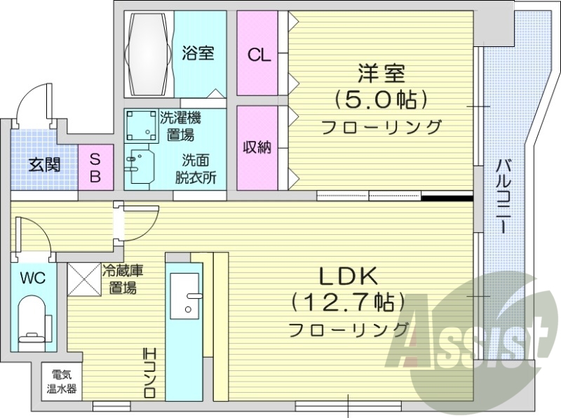 1LDK、バストイレ別、オートロック、暖房