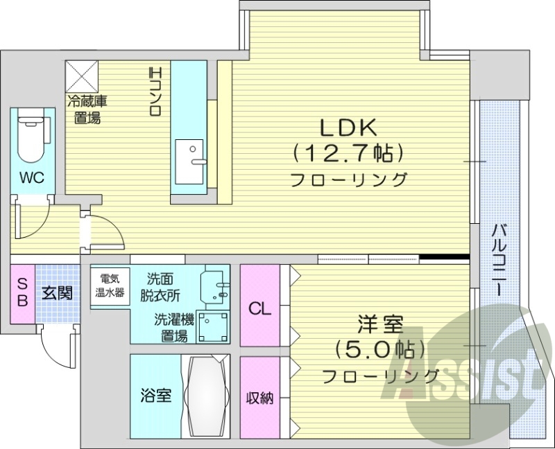 1LDK、バストイレ別、オートロック、暖房