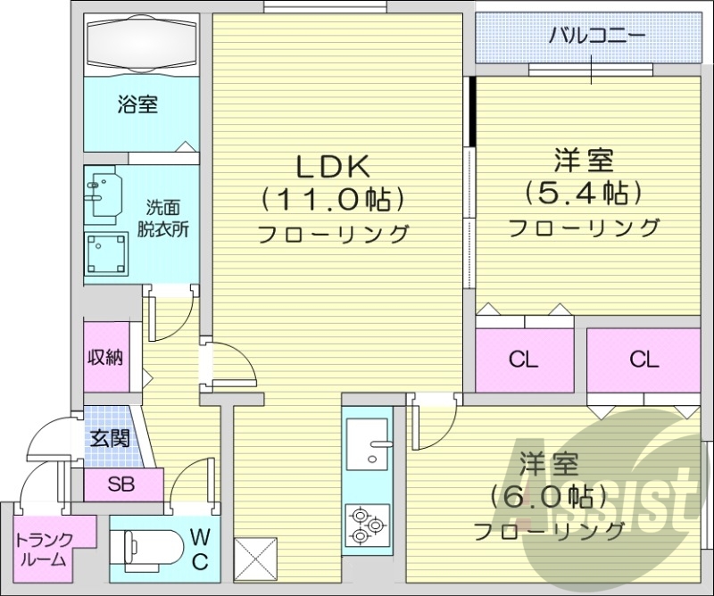 2LDK、浴室乾燥、追い焚き、システムキッチン、オートロック