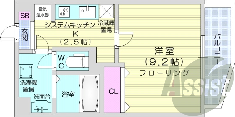 1K、エアコン、電気コンロ、シャワートイレ、オール電化