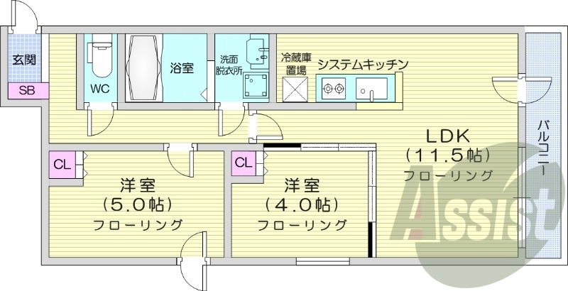 2LDK、エアコン、独立洗面台、システムキッチン、