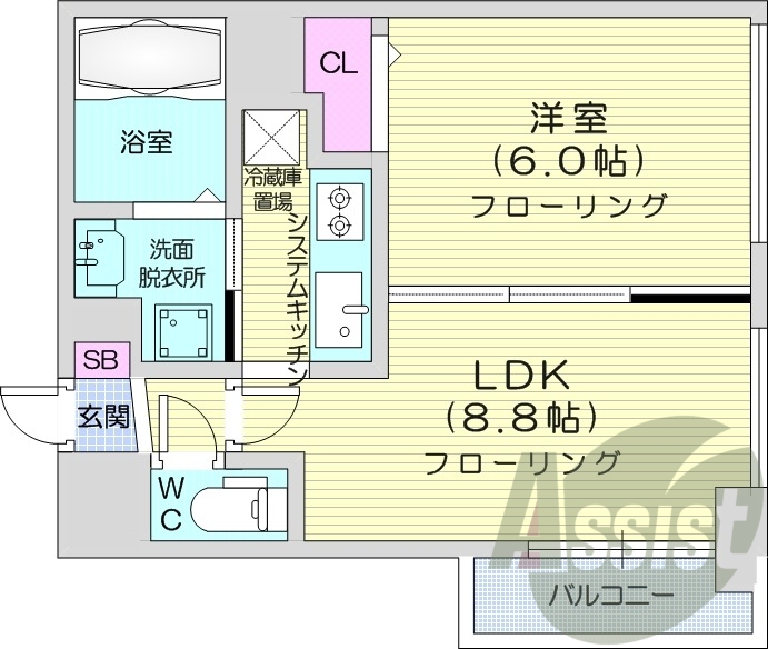 1LDK、クローゼット、都市ガス、洗面脱衣所、対面キッチン