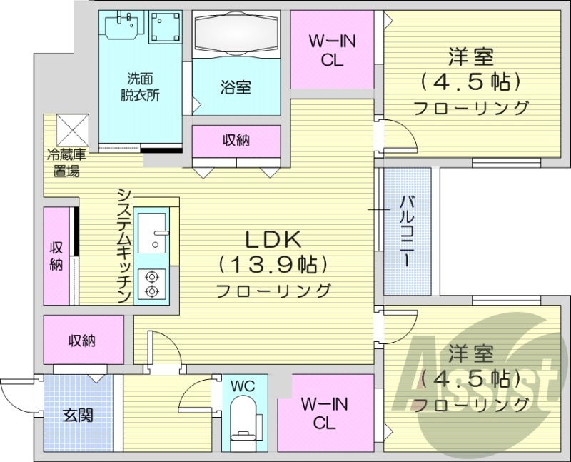2LDK、エアコン、ネット無料、システムキッチン