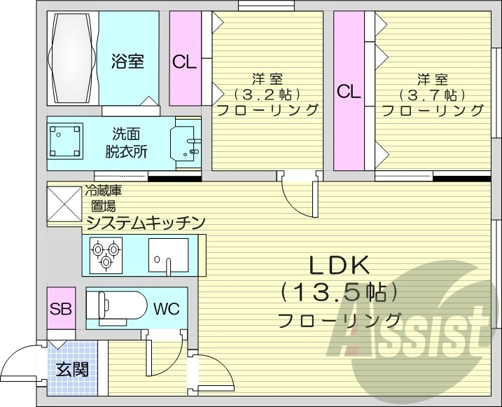 2LDK、エアコン、システムキッチン、ネット無料