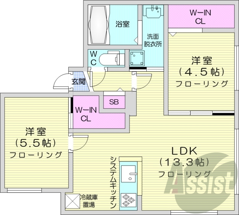 2LDK、エアコン、都市ガス、ペット飼育可能