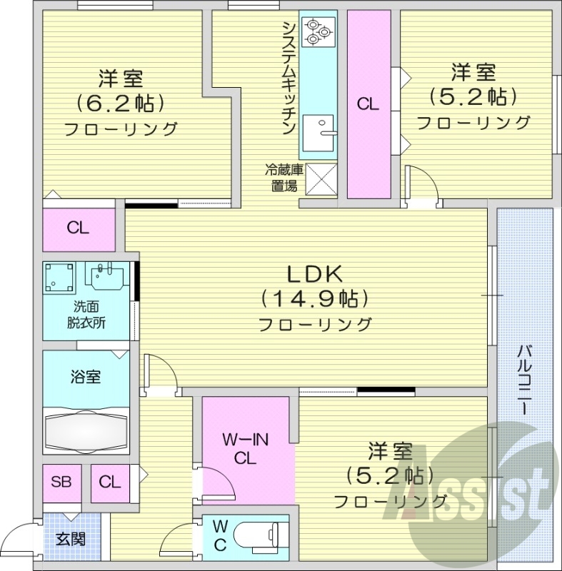 3LDK、エアコン、ネット無料、追い焚き