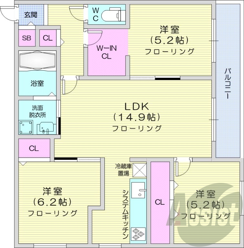 3LDK、エアコン、ネット無料、追い焚き